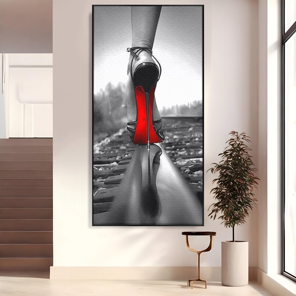 Tablou canvas cu tablou canvas cu pantof pe sina, in rama de aluminiu negru